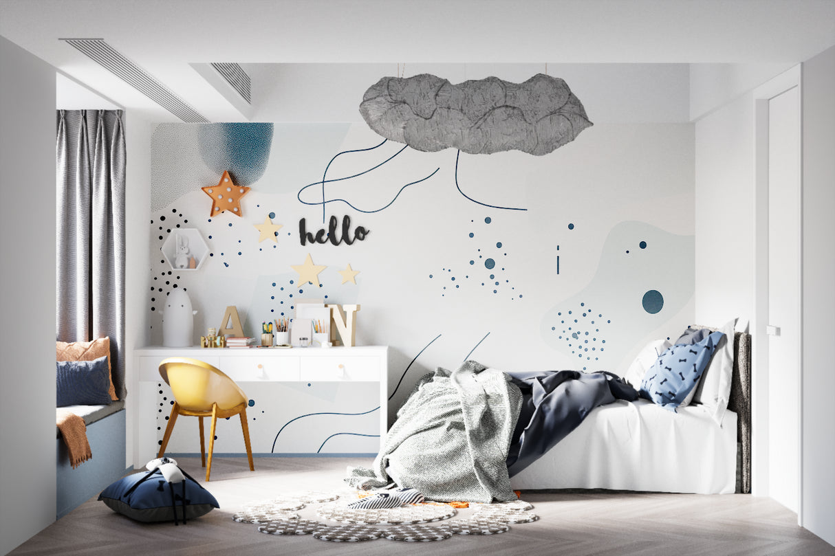 Modern dining area with abstract graffiti wall design creating bold statement