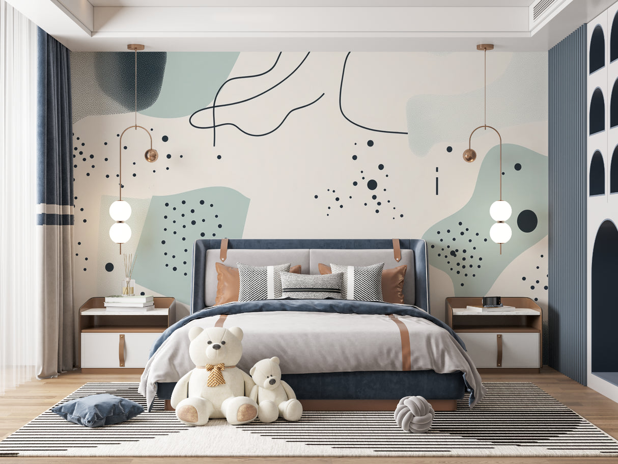Gaming room decorated with urban art wallpaper featuring fluid street art style
