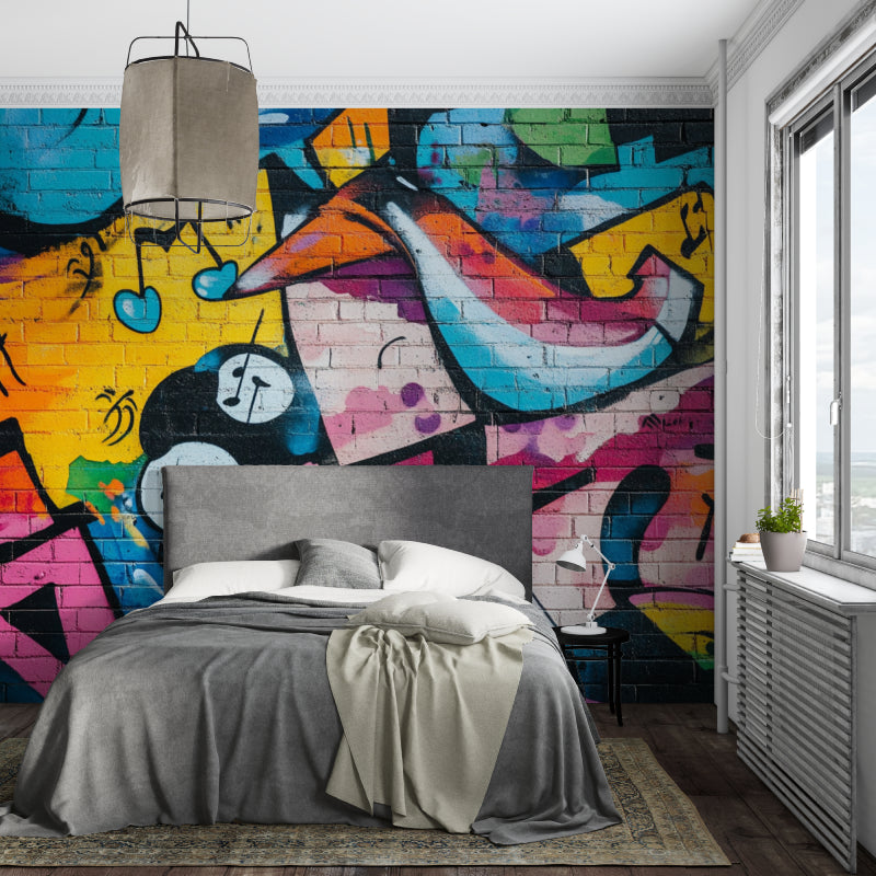 Urban graffiti wallpaper making a statement in a contemporary living room