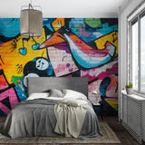 Urban graffiti wallpaper making a statement in a contemporary living room