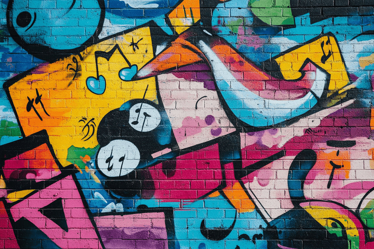 Design file showing detailed graffiti pattern with musical notes and street art elements