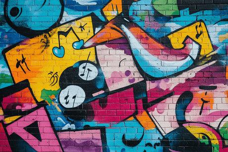 Design file showing detailed graffiti pattern with musical notes and street art elements