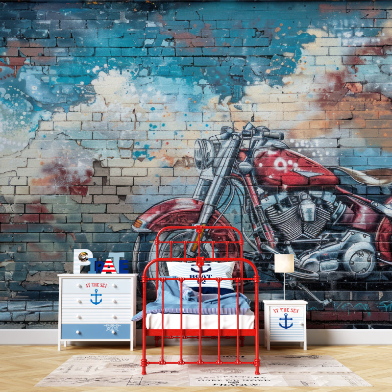 Street art motorcycle wallpaper creating urban atmosphere in modern living room with grey sofa and metal accents