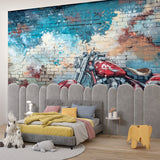Graffiti wall mural with red motorcycle bringing edge to teen bedroom with industrial decor