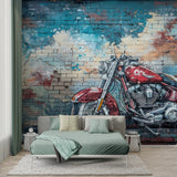 Urban brick wallpaper with motorcycle design transforming home office space
