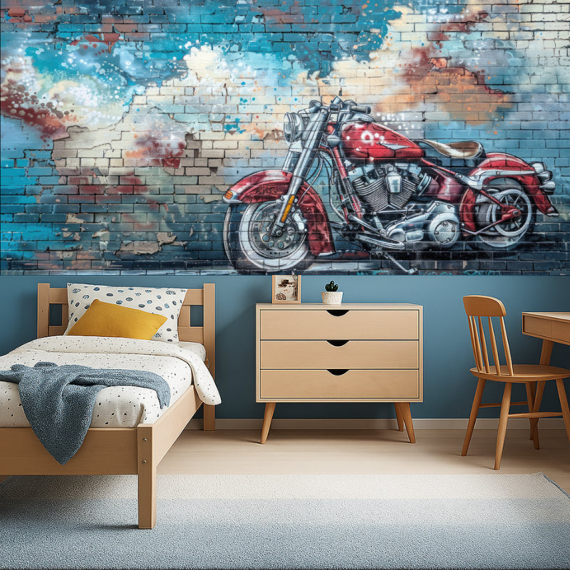 Street art mural adding character to gaming room with red motorcycle graffiti design