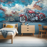 Street art mural adding character to gaming room with red motorcycle graffiti design