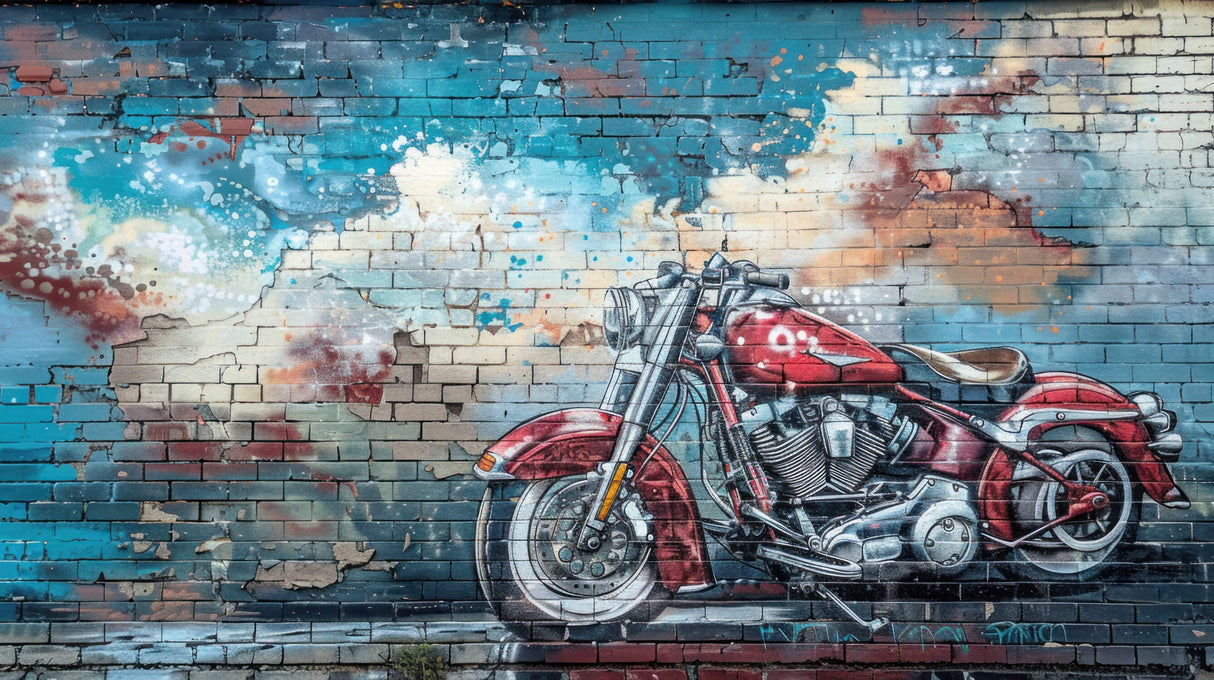 Motorcycle graffiti design file showing detailed brick texture and street art elements