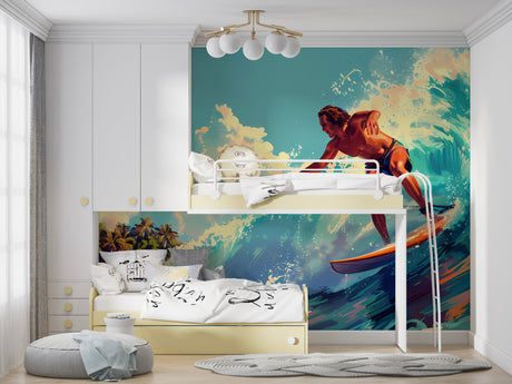 Urban graffiti wallpaper creating a bold statement in a modern living room with sleek furniture