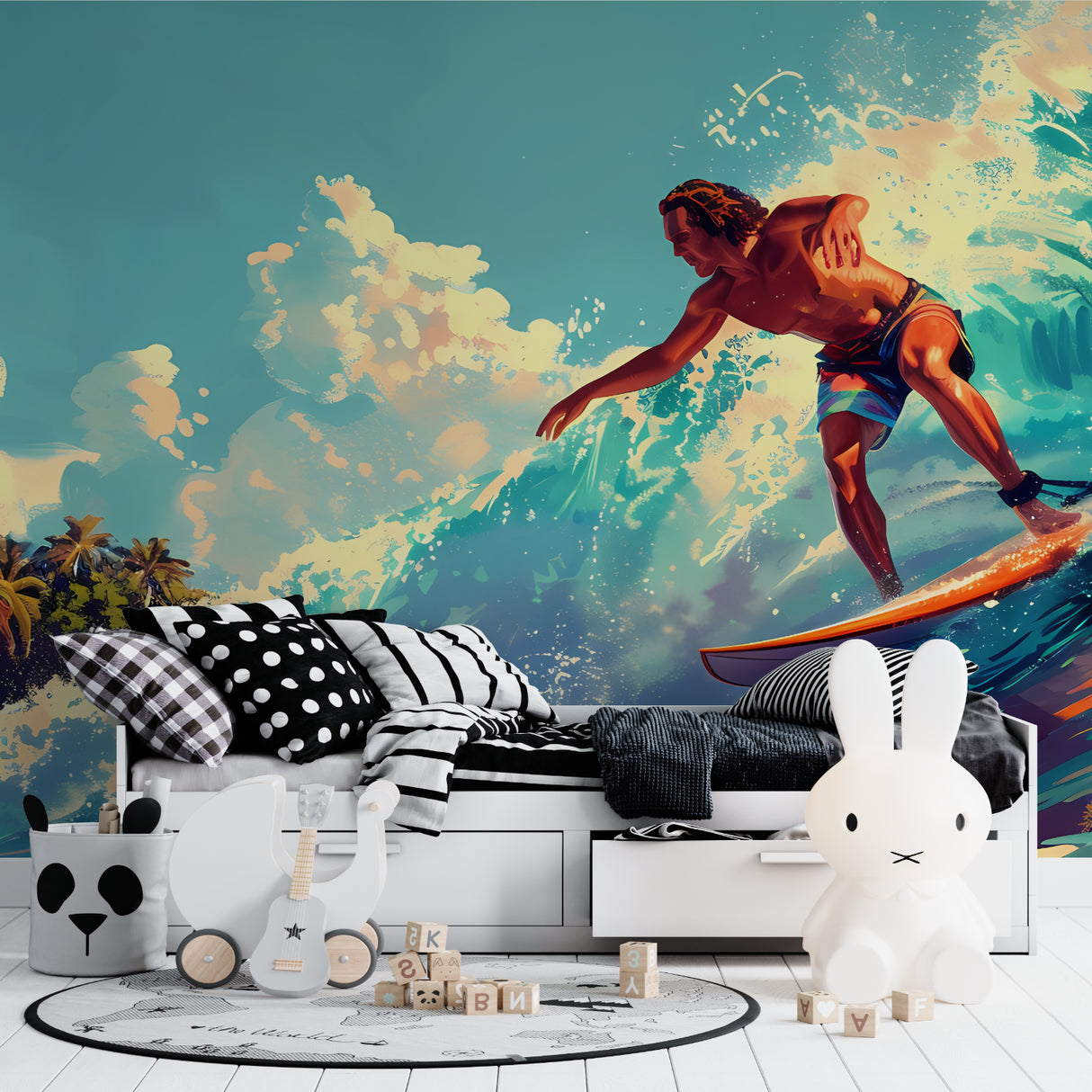 Graffiti mural design bringing energy to a teen's bedroom with gaming setup