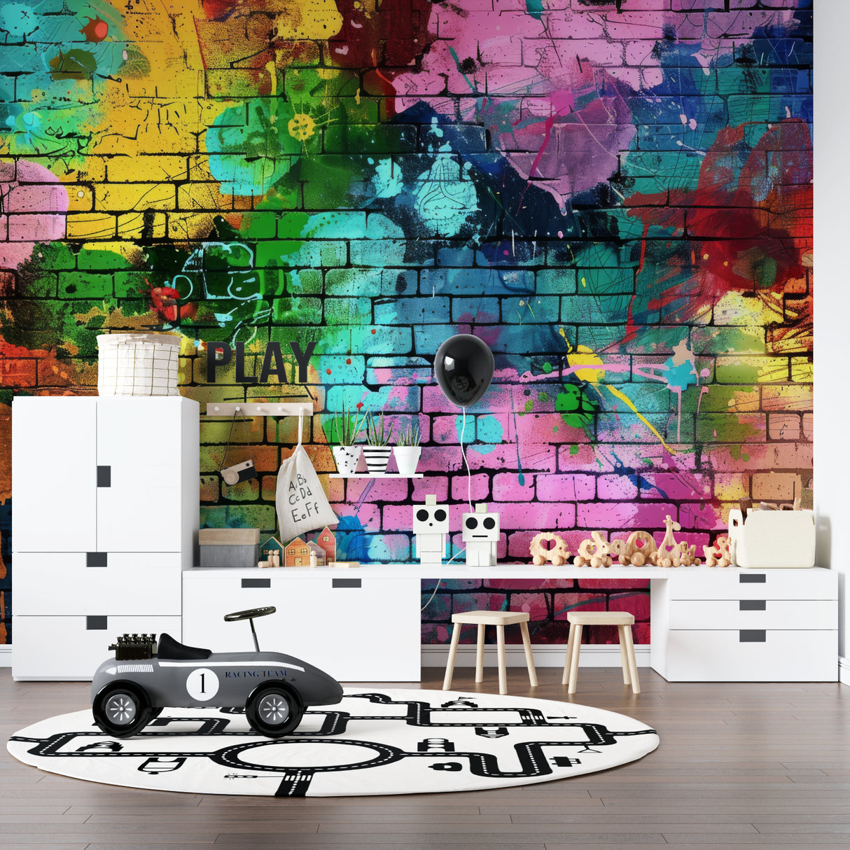 Graffiti wallpaper bringing urban style to modern teen bedroom with rainbow brick art design