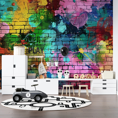 Graffiti wallpaper bringing urban style to modern teen bedroom with rainbow brick art design