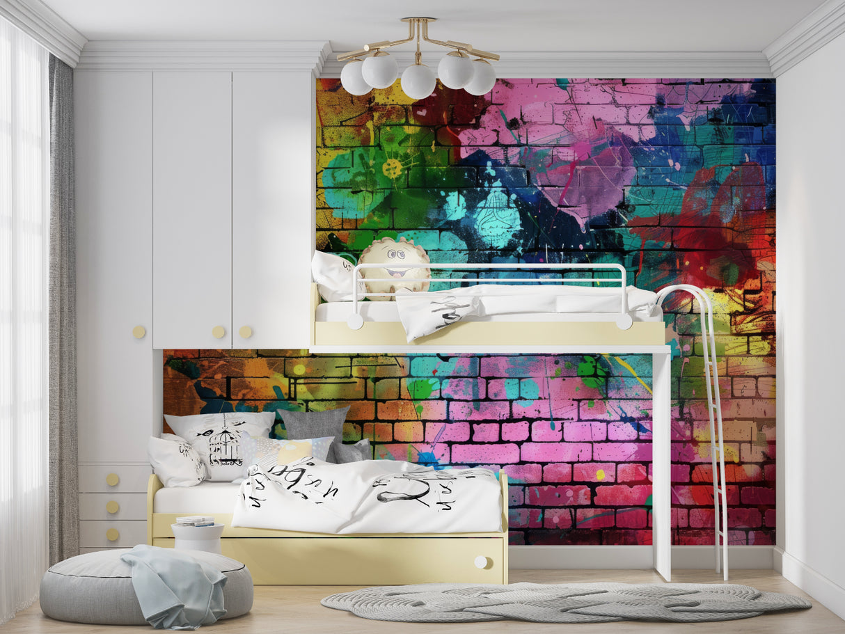 Urban graffiti wallpaper transforming office space with artistic brick wall design