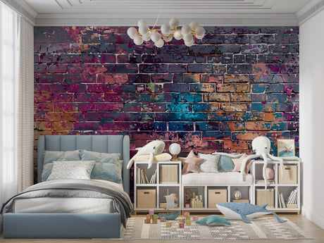 Graffiti wall mural bringing urban style to a modern living room with purple and blue tones