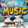 Graffiti street art wallpaper bringing urban flair to a modern teen bedroom with turquoise and yellow tones