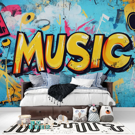 Graffiti street art wallpaper bringing urban flair to a modern teen bedroom with turquoise and yellow tones