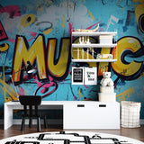 Music-themed graffiti wallpaper transforming a creative workspace with bold street art design