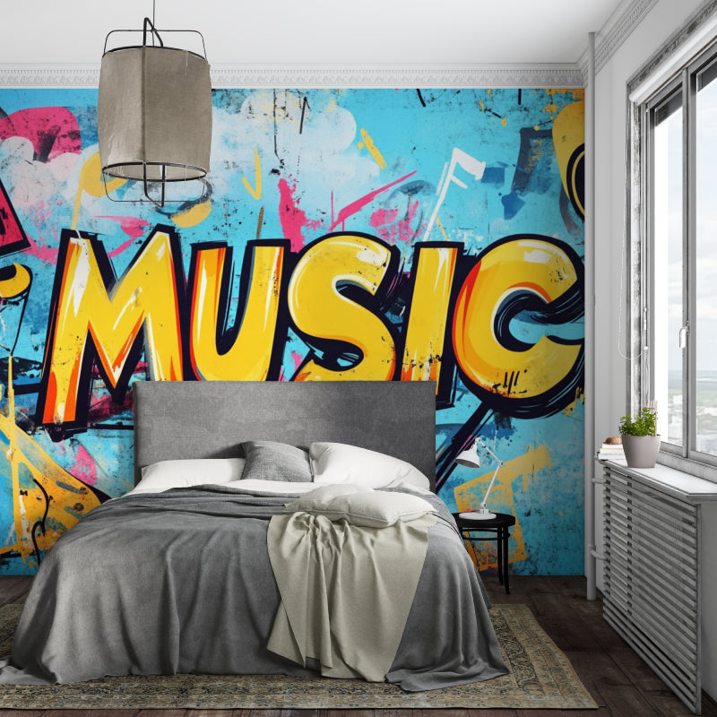 Urban graffiti mural displayed in a music room showing vibrant street art elements