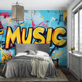 Urban graffiti mural displayed in a music room showing vibrant street art elements