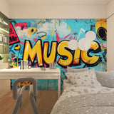 Street art wallpaper installation in a gaming room featuring musical notes and graffiti elements