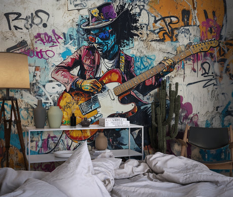Urban Graffiti Wallpaper in modern living room showing vibrant street art with guitarist