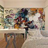 Music-themed graffiti mural in teen bedroom with urban street art style