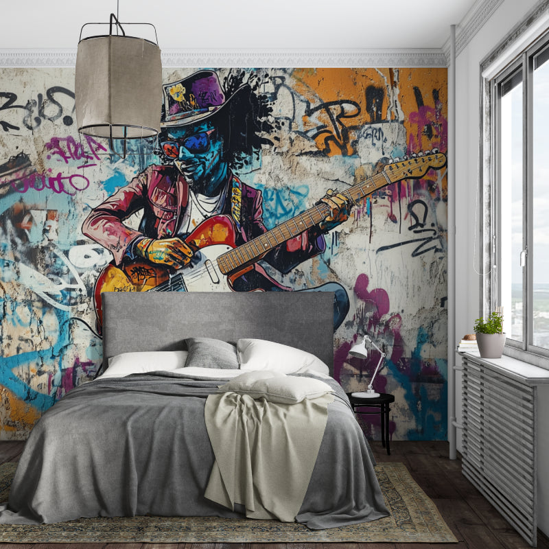 Urban graffiti wall mural displayed in gaming room with music theme