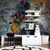 Music-inspired graffiti wallpaper in contemporary home office