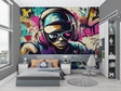 Graffiti street art wallpaper bringing urban flair to a modern teen bedroom with colorful music theme