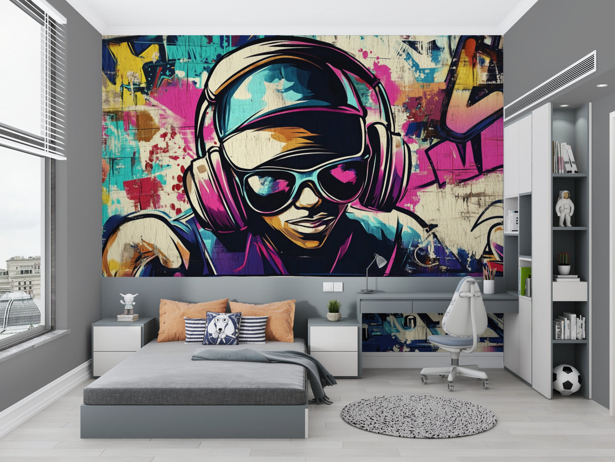 Graffiti street art wallpaper bringing urban flair to a modern teen bedroom with colorful music theme