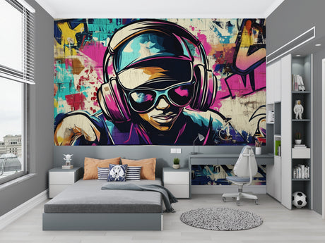 Graffiti street art wallpaper bringing urban flair to a modern teen bedroom with colorful music theme
