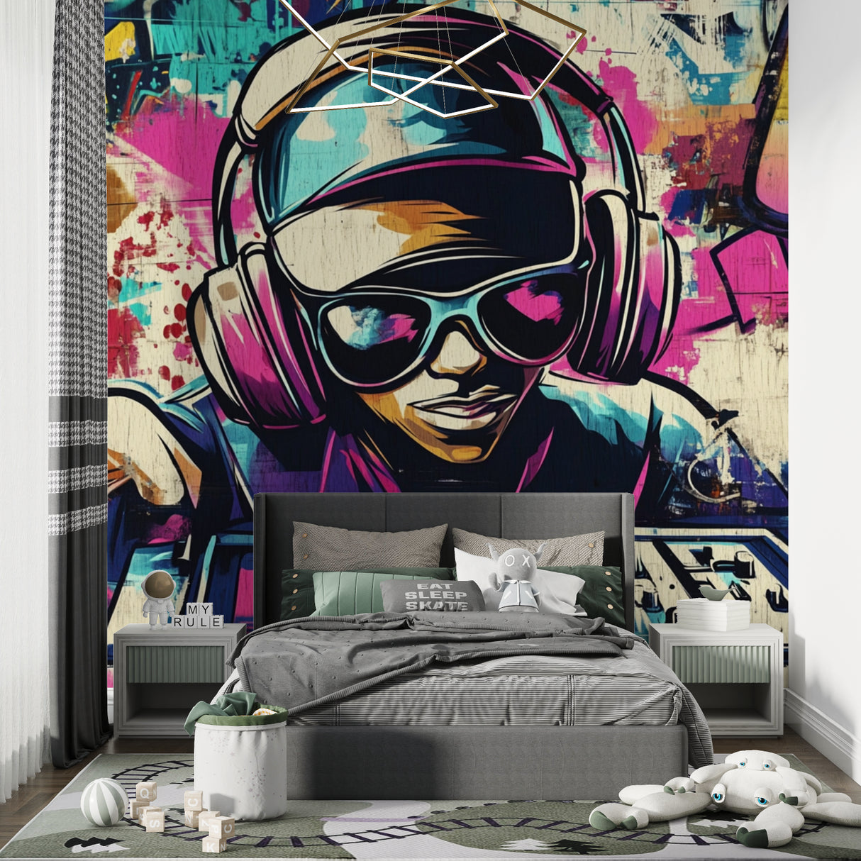 Street art mural in a music studio showing vibrant graffiti design with headphones motif