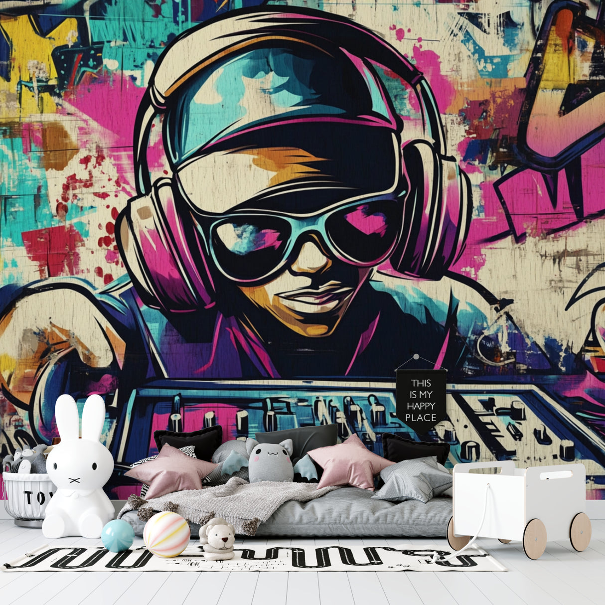 Urban graffiti wallpaper transforming a gaming room with bold street art style
