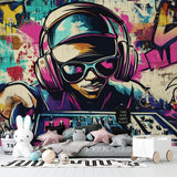 Urban graffiti wallpaper transforming a gaming room with bold street art style