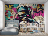 Music-themed graffiti mural making a statement in a contemporary living room