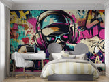 Street art wallpaper adding urban edge to a creative workspace