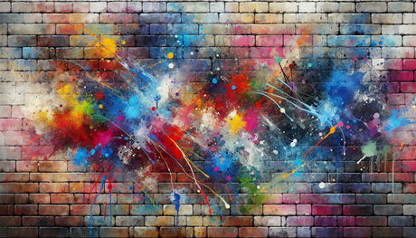 Graffiti paint splash wallpaper creating a bold statement wall in a modern living room with minimalist furniture