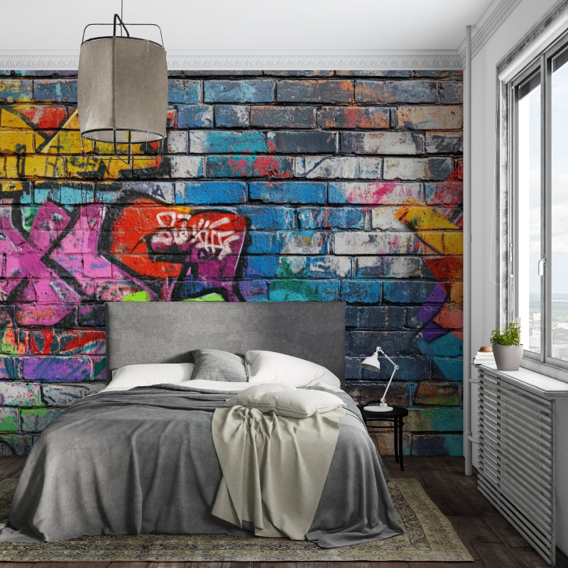 Graffiti brick wallpaper transforming gaming room with street style