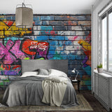 Graffiti brick wallpaper transforming gaming room with street style
