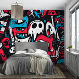 Urban graffiti mural wallpaper displayed in contemporary gaming room