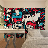 Graffiti wallpaper design showcased in modern living room setting