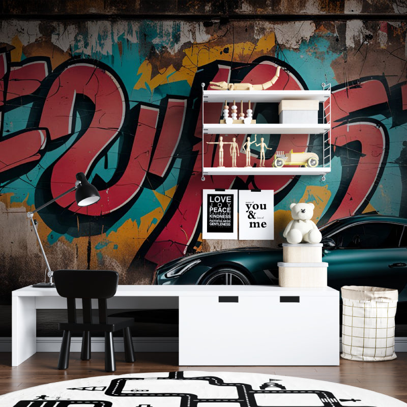 Graffiti art wallpaper making statement in industrial style cafe