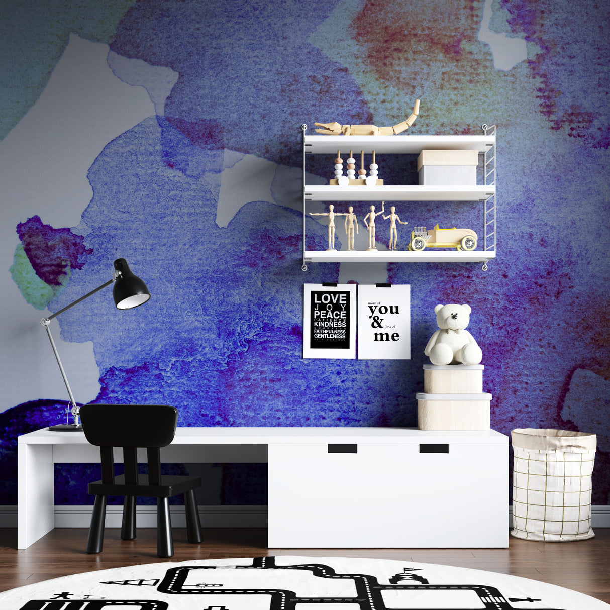 Urban graffiti design transforming modern office space with turquoise and pink tones