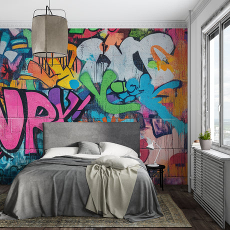Graffiti wall mural bringing urban style to modern living room with colorful street art designs