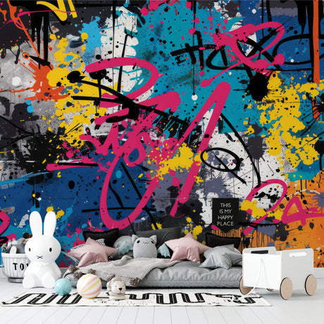 Graffiti street art wallpaper creating bold impact in modern living room with white furniture