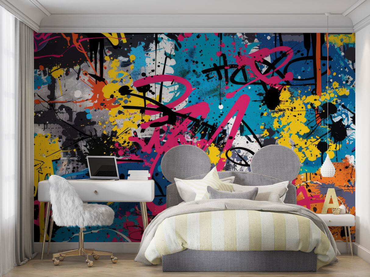 Urban graffiti wallpaper energizing teen bedroom with colorful paint splashes