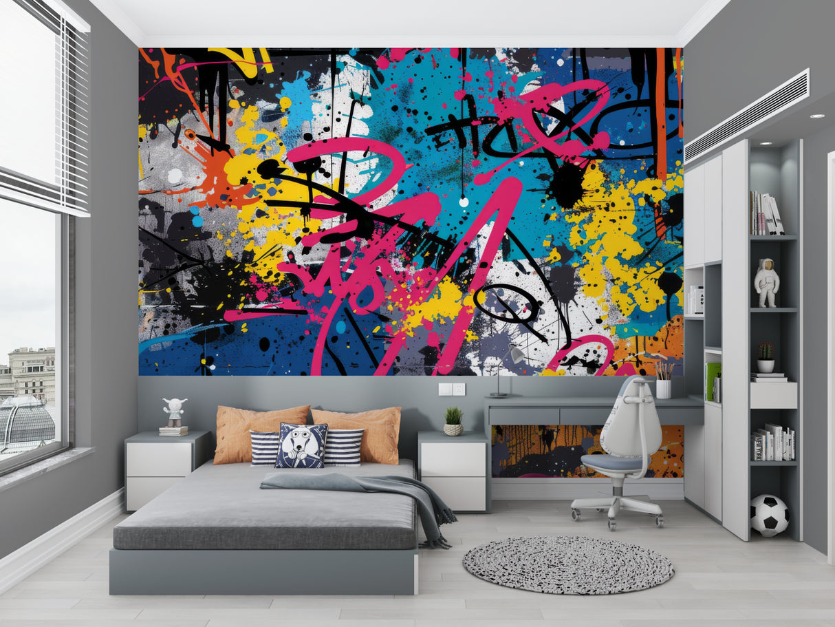Street art mural wallpaper making statement in creative studio space