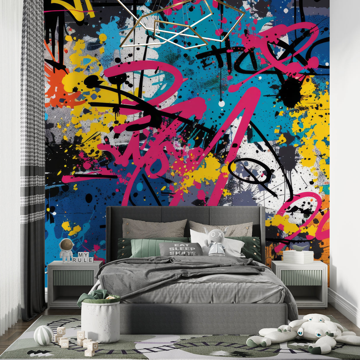 Graffiti design wallpaper bringing urban edge to home office setup