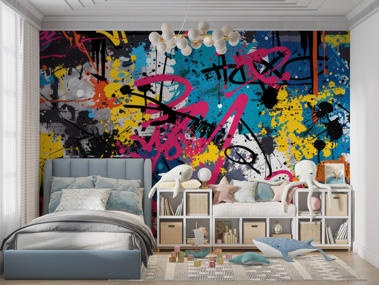 Urban street art wallpaper transforming gaming room with vibrant colors