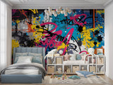Urban street art wallpaper transforming gaming room with vibrant colors